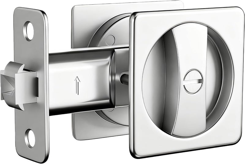 Lethato Pocket Door Hardware Silver, Pocket Door Lock, Pocket Door Latch, Brushed Nickel Contemporary Pocket Door with Privacy Lock (1 Pack, Square Rounded-Corner) - Image 1